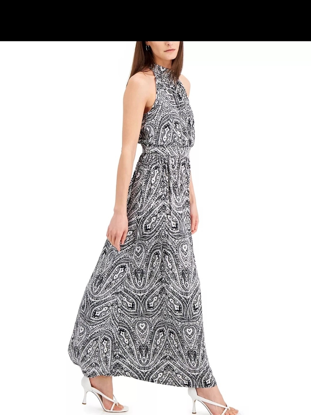 INC International Concepts Black & White Paisley Halter Maxi Dress